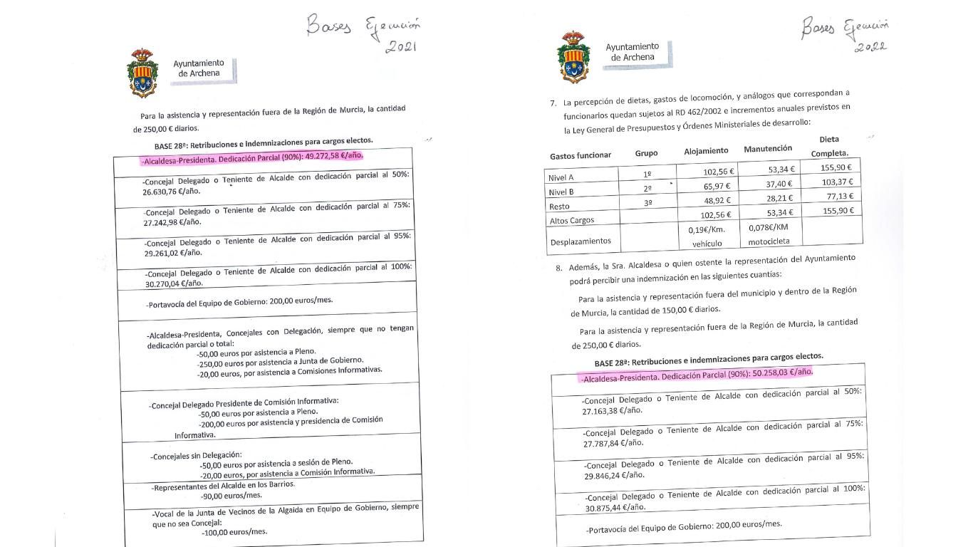 Retribuciones e indemnizaciones para cargos electos de Archena durante los años 2021 (izda.) y 2022.