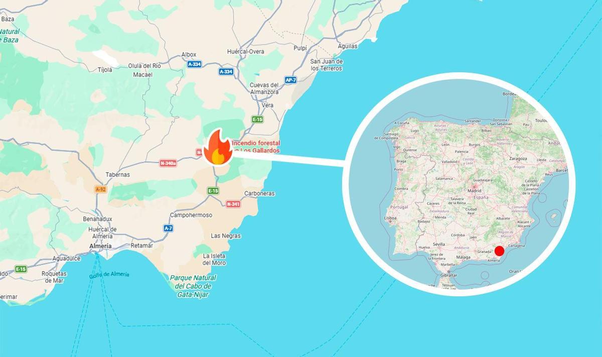 Mapa con la localización del incnedio de Los Gallardos, en Almería.