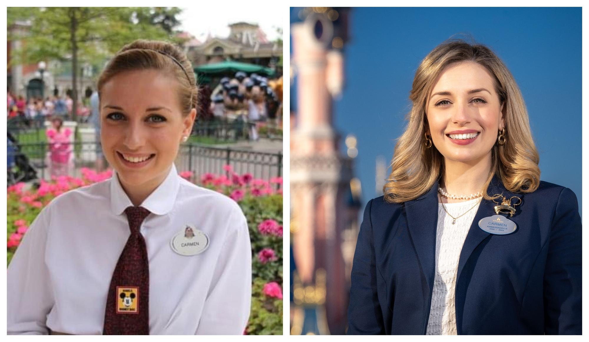 Carmen comenzó en 2011 a trabajar en Disney (izquierda), y en la actualidad es la embajadora del parque en el 30 aniversario del mismo.