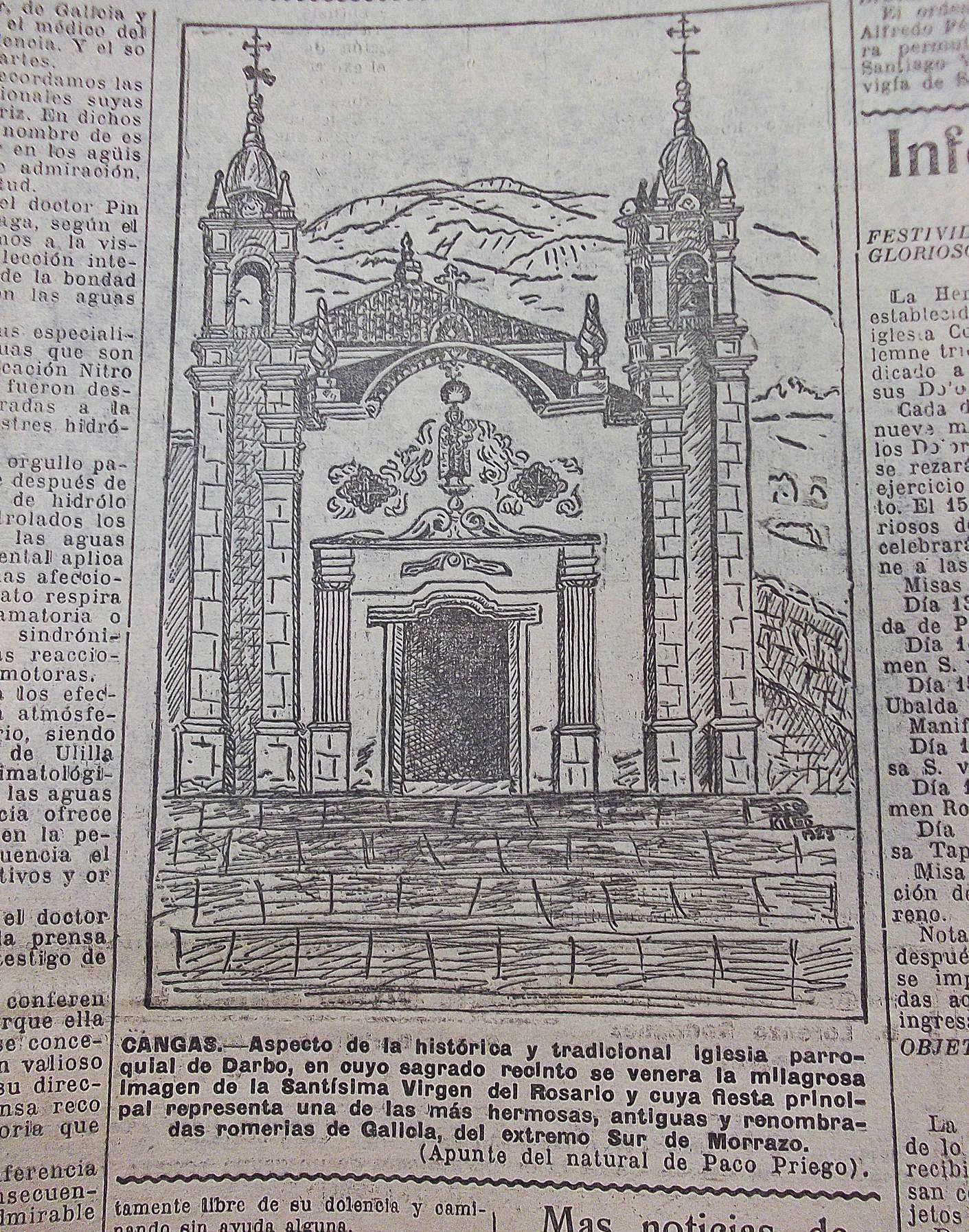 Debuxo da igrexa de Darbo de Paco Priego, publicado en FARO DE VIGO el 11/09/1929.   | // ARQUIVO DO AUTOR