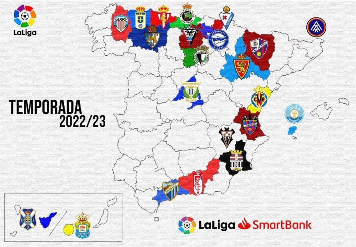 Mapa con los equipos que competirán en LaLiga SmartBank situados en sus respectivas regiones. | @PABLO_NORTE1 / @EFESISTAOFICIAL