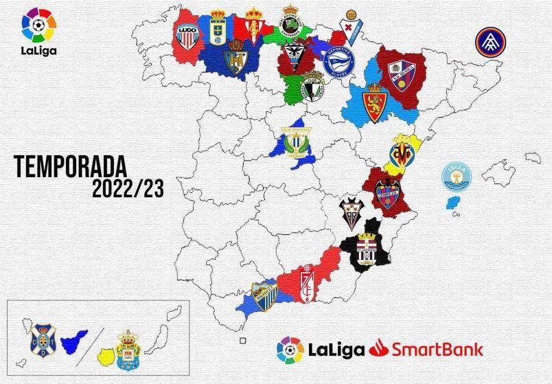 Mapa con los equipos que competirán en LaLiga SmartBank situados en sus respectivas regiones.