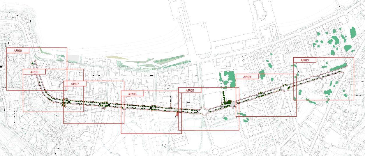 El plano general con las zonas de actuación a lo largo de un kilómetro en la calle Pazos Fontenla, en el centro de Bueu.