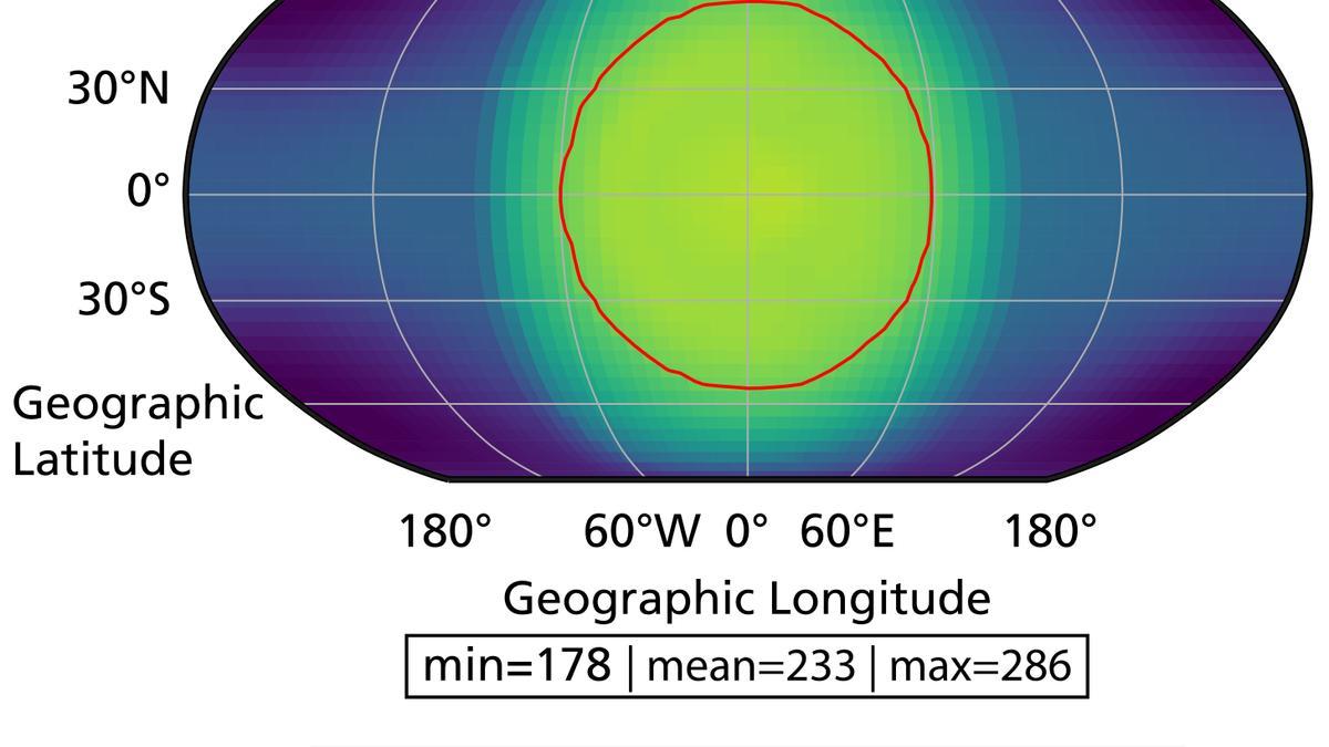 Mapa de temperatura superficial simulado de Wolf 1069 b, suponiendo una atmósfera similar a la de la Tierra.