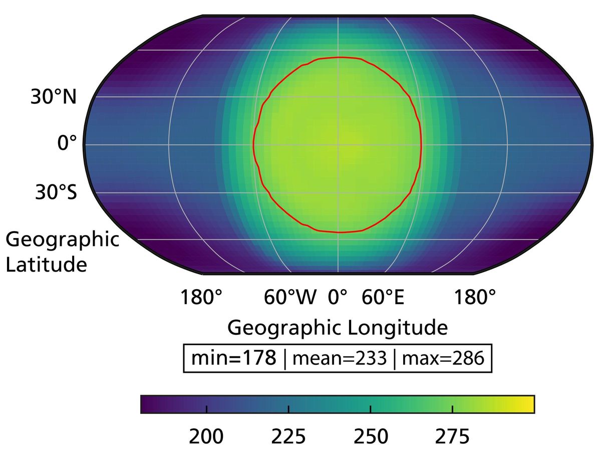 Mapa de temperatura superficial simulado de Wolf 1069 b, suponiendo una atmósfera similar a la de la Tierra.