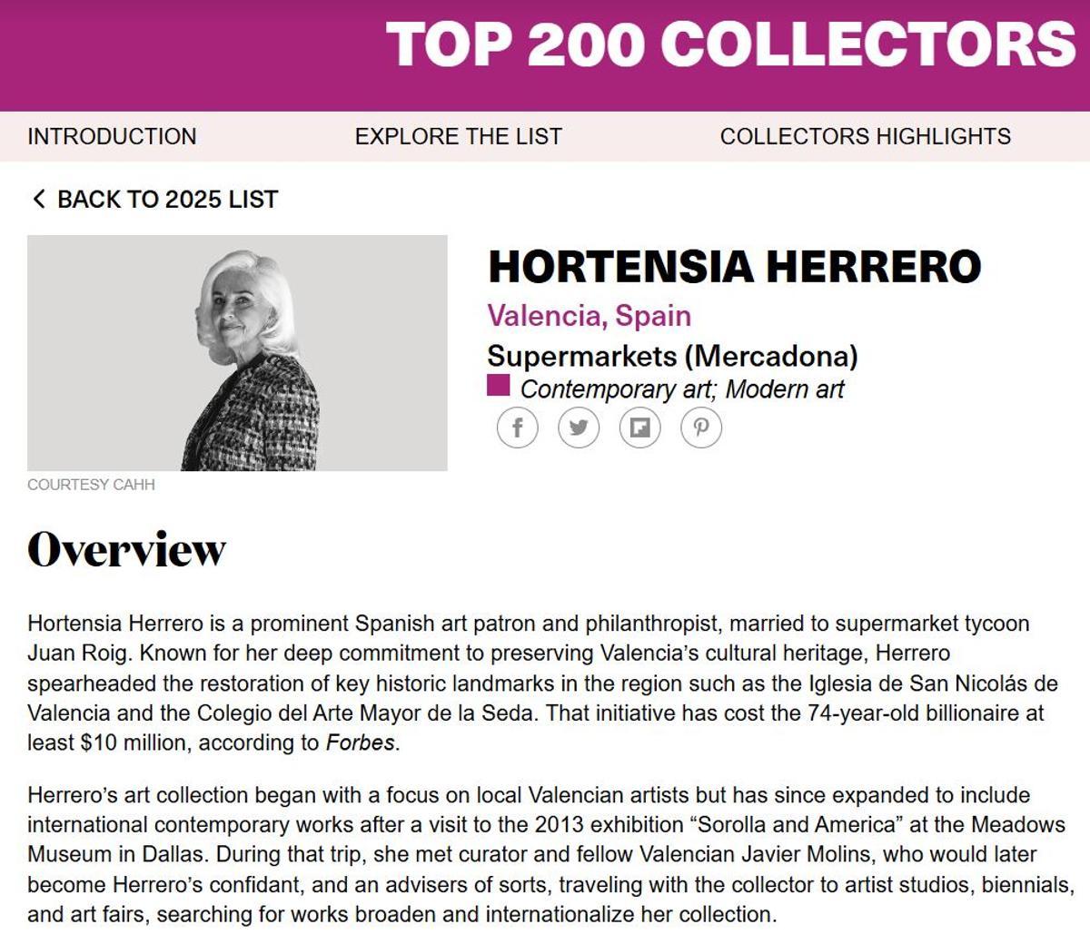 Hortensia Herrero figura por segundo año consecutivo en 'Top 200' de coleccionistas de arte del mundo.