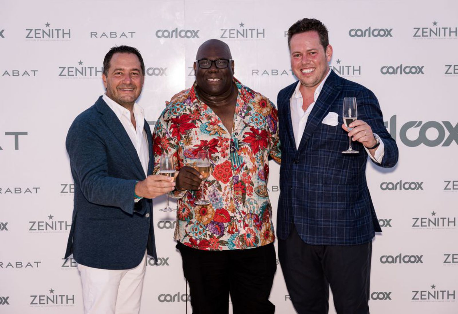 Julien Tornare, de Zenith, con Carl Cox y Jordi Rabat, CEO de Joyería Rabat. 