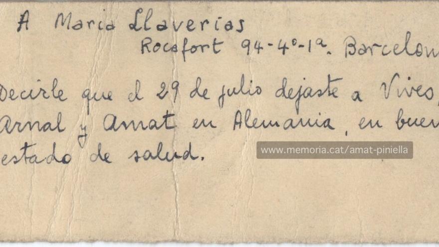 Amat-Piniella: La nota inèdita que va poder enviar a la seva dona des de Mauthausen el 1941