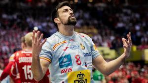 Agustín Casado, desesperado ante Dinamarca