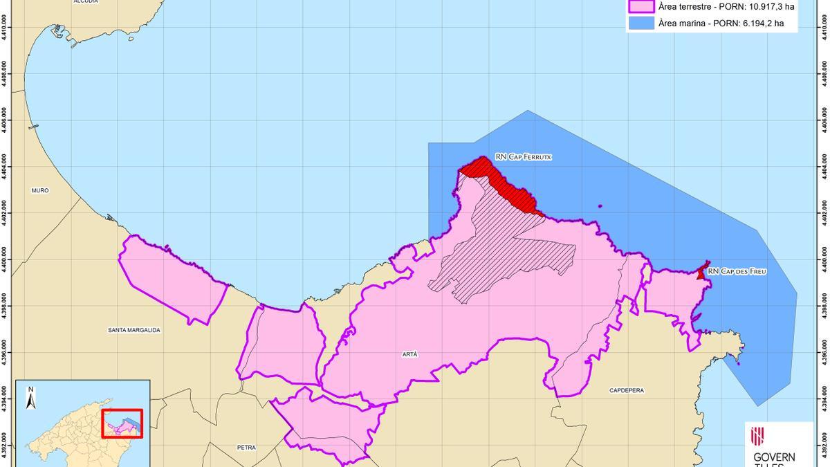 Gráfico en el que se aprecian los nuevos límites del parque natural del Llevant tras la ampliación.