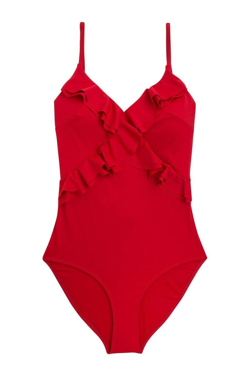 Bañador rojo con volantes de Oysho. (Precio: 29,99 euros)