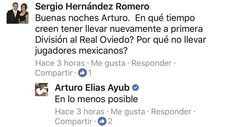 Captura de la conversación en Facebook de Arturo Elías sobre el Oviedo.