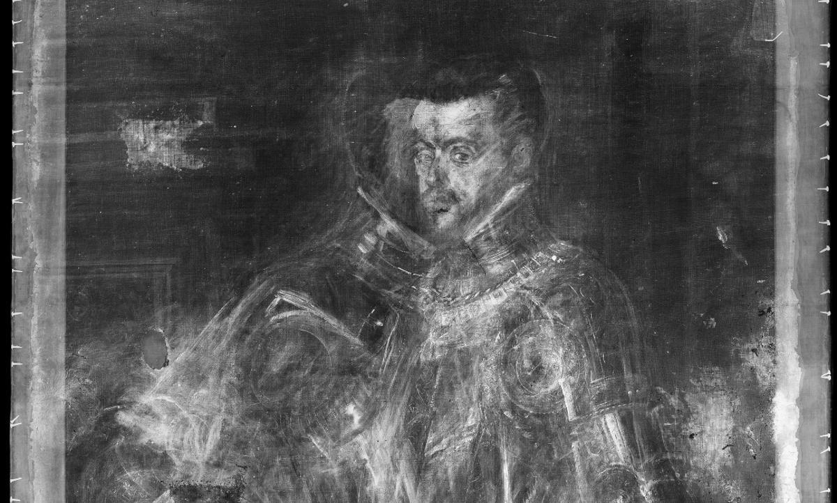 Radiografía del 'Felipe II' de Tiziano donde se observó que está pintado sobre un lienzo de Carlos V. 