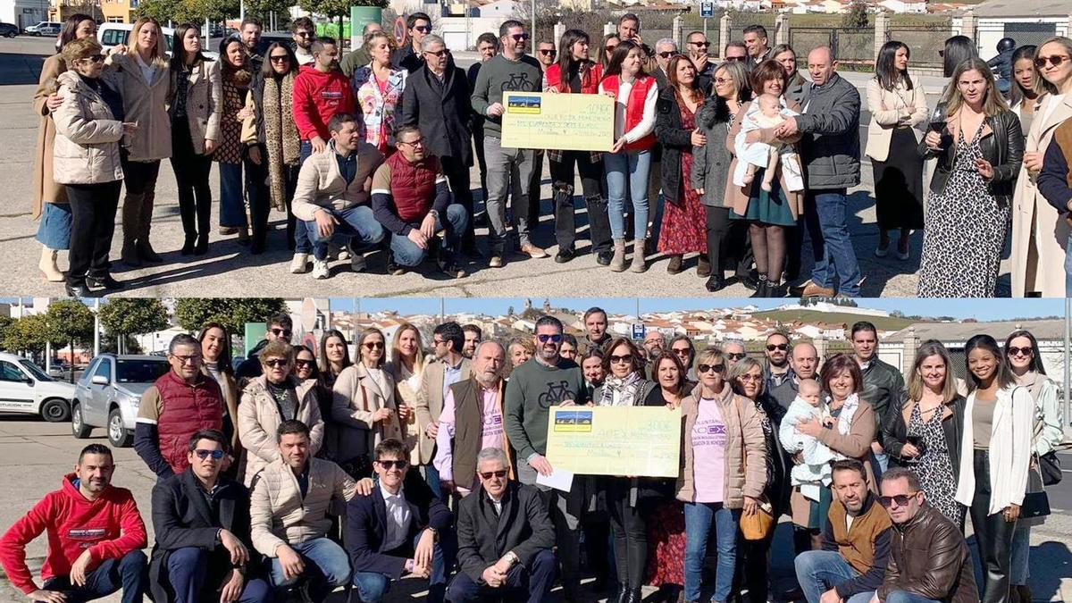Entrega de cheques simbólicos a Cruz Roja y AOEx durante la gala del club ciclista de Monesterio
