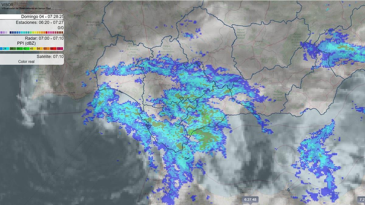 Precipitaciones asociadas a la borrasca Francis en diversos puntos de Andalucía, hoy domingo, en mapa difundido por la Aemet.