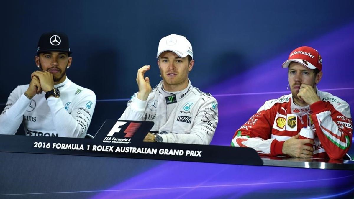 Hamilton, Rosberg y Vettel, el pasado domingo tras el GP de Australia.