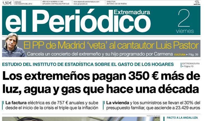 Esta es la portada de EL PERIÓDICO EXTREMADURA correspondiente al día 2 de agosto del 2019