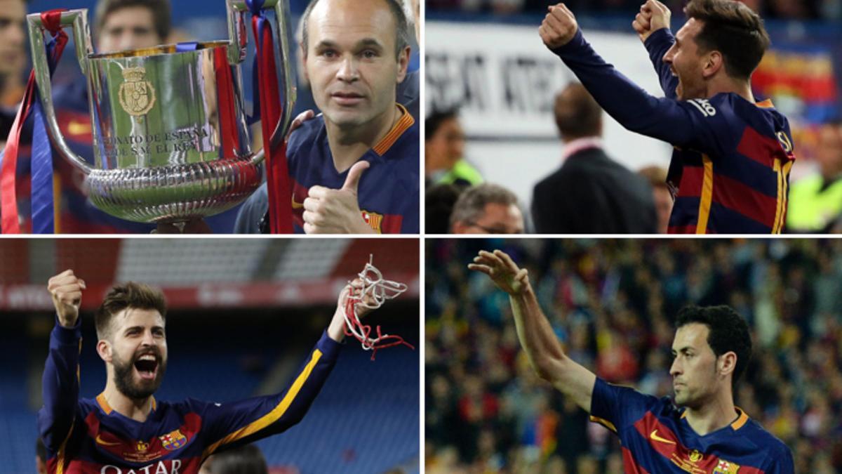 Andrés Iniesta, Leo Messi, Gerard Piqué y Sergio Busquets, en algunos momentos de la final de la Copa del Rey 2015/16