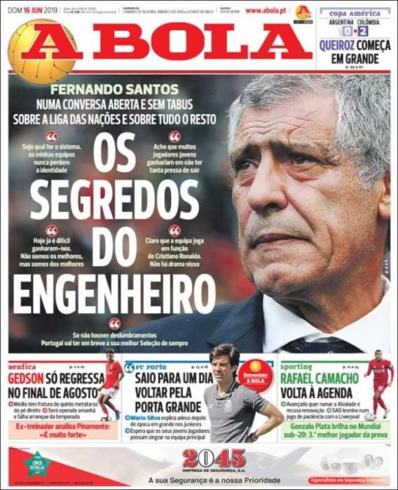 Portada A BOLA domingo 16 de junio de 2019.