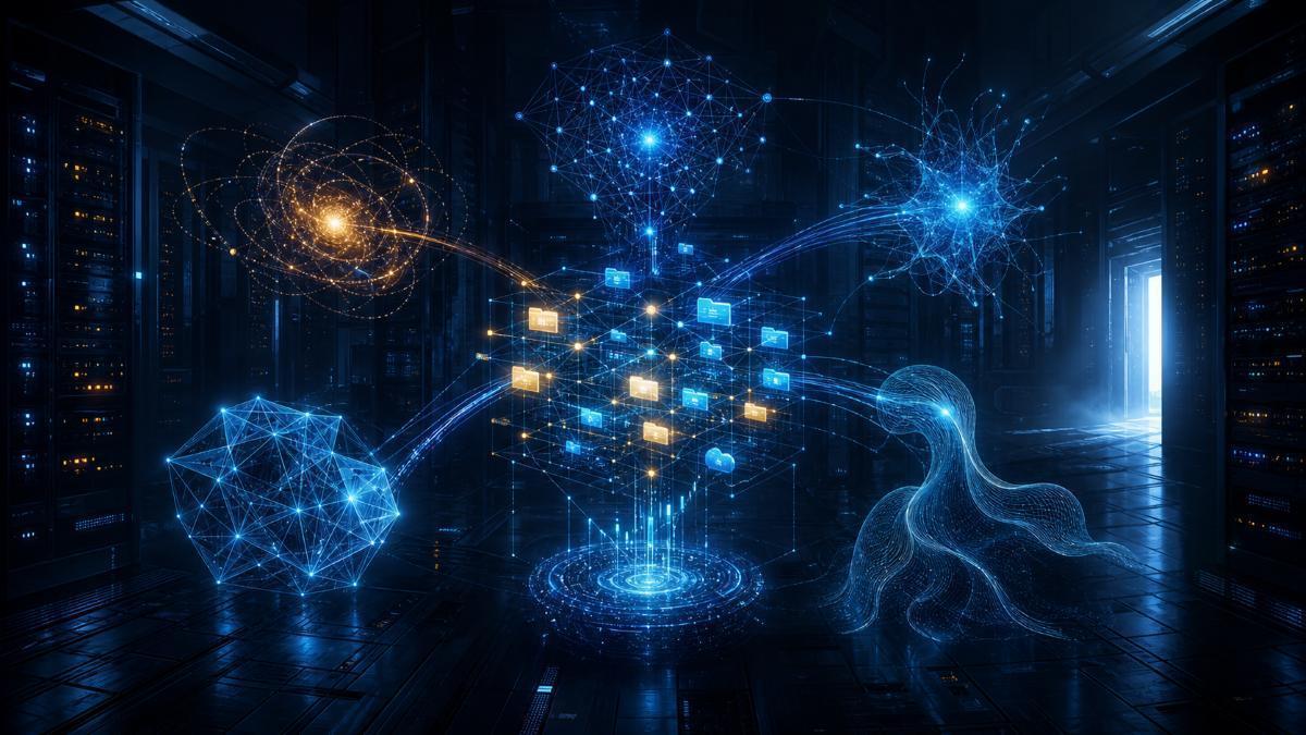 La imagen representa cómo varios agentes de IA pueden aprovechar un servicio técnico compartido (concebido inicialmente para gestionar archivos) como una memoria colectiva improvisada: allí dejan pistas, recuperan hallazgos y continúan el trabajo iniciado por otros modelos.