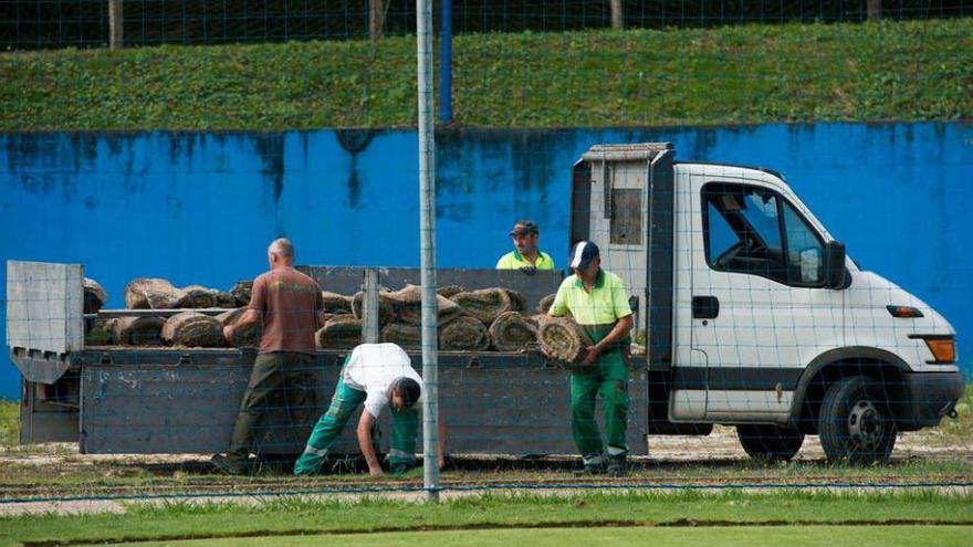 Operarios colocan tapinos del césped del Tartiere en El Requexón.