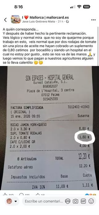 Malestar en Mallorca por un suplemento en la cuenta de un hospital público de la isla