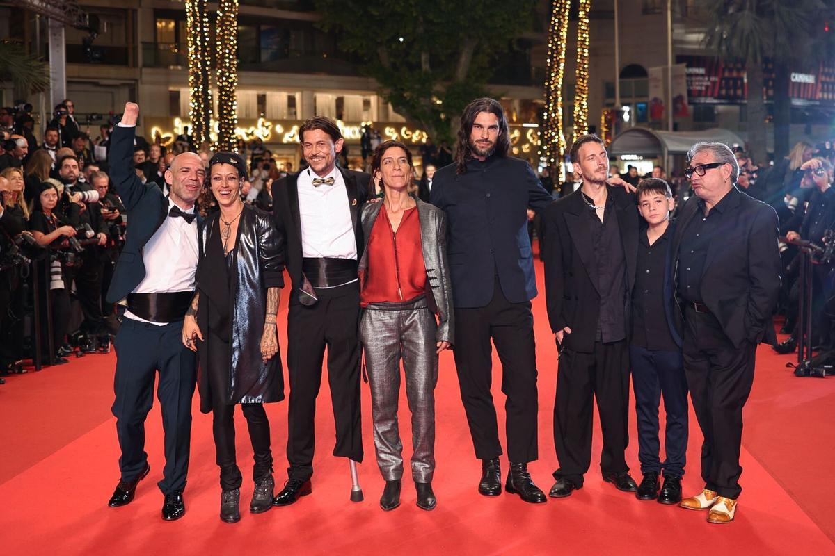 (From L) French actor Richard Bellamy, French actress Jade Oukid, French actor Tonin Janvier, Spanish actress Stefania Gadda, French-Spanish film director Oliver Laxe, actor Joshua Liam Henderson, Spanish actor Bruno Nunez, Spanish actor Sergi Lopez arrive for the screening of the film "Sirat" at the 78th edition of the Cannes Film Festival in Cannes, southern France, on May 15, 2025. (Photo by Sameer AL-DOUMY / AFP)