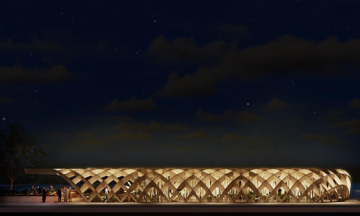 Recreación del nuevo Bar Pesquero con la pérgola iluminada