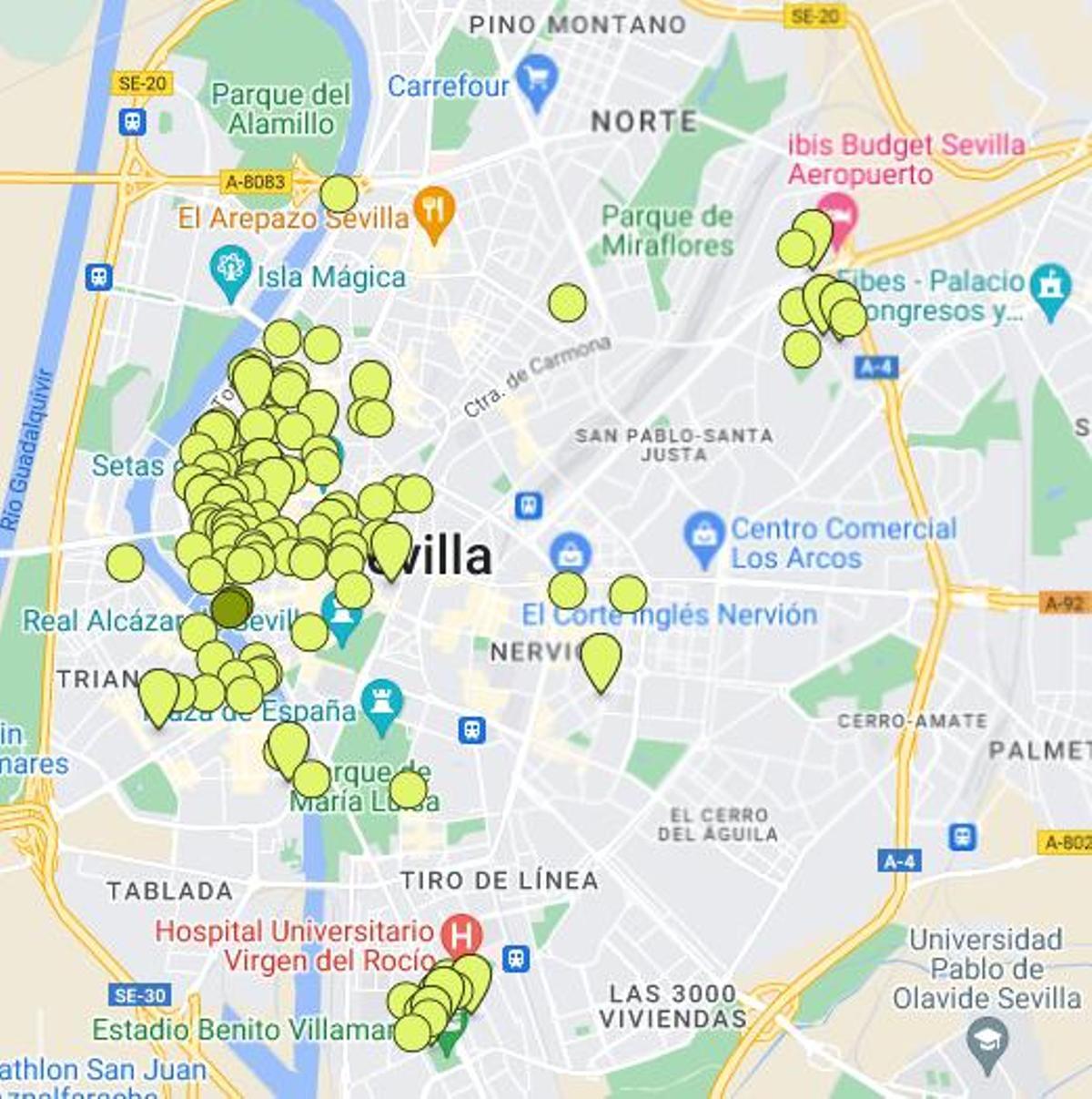 Mapa de las viviendas en venta por encima de un millón de euros en la ciudad de Sevilla, en Idealista