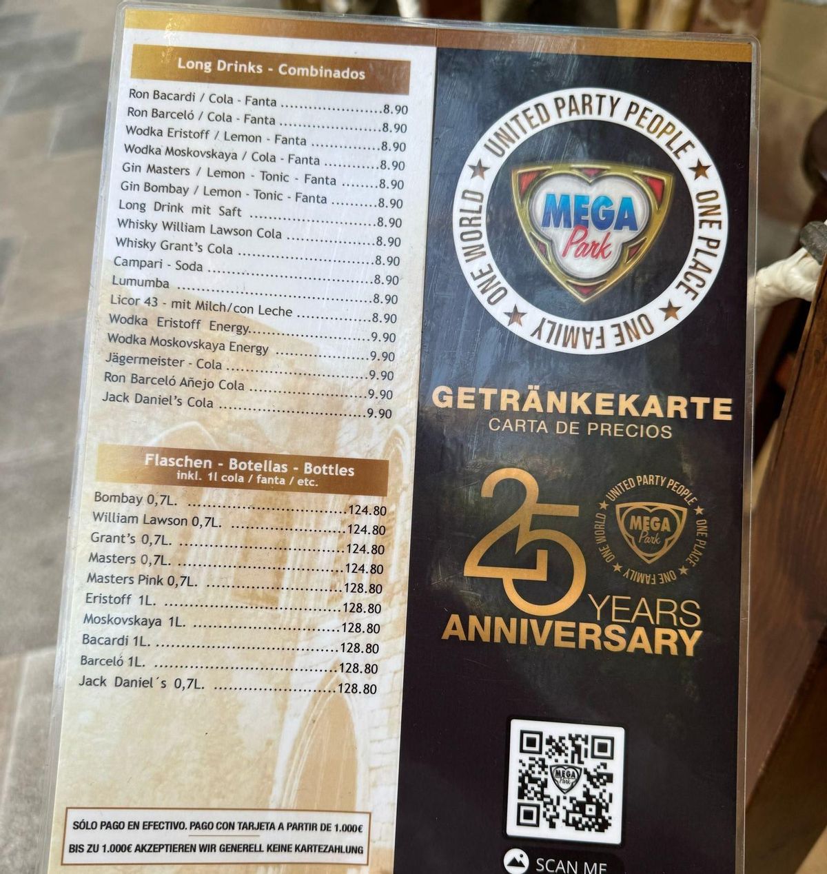 Auszug aus der aktuellen Getränkekarte des Megaparks.