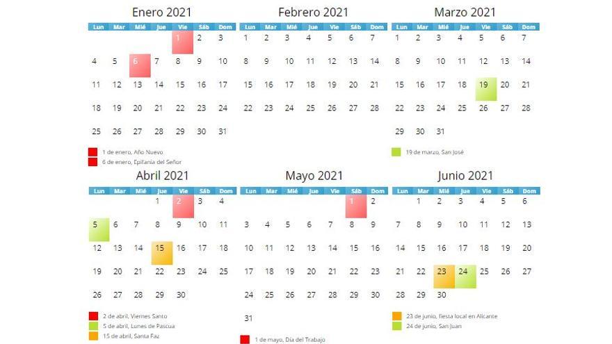 Calendario laboral 2021 en Alicante.
