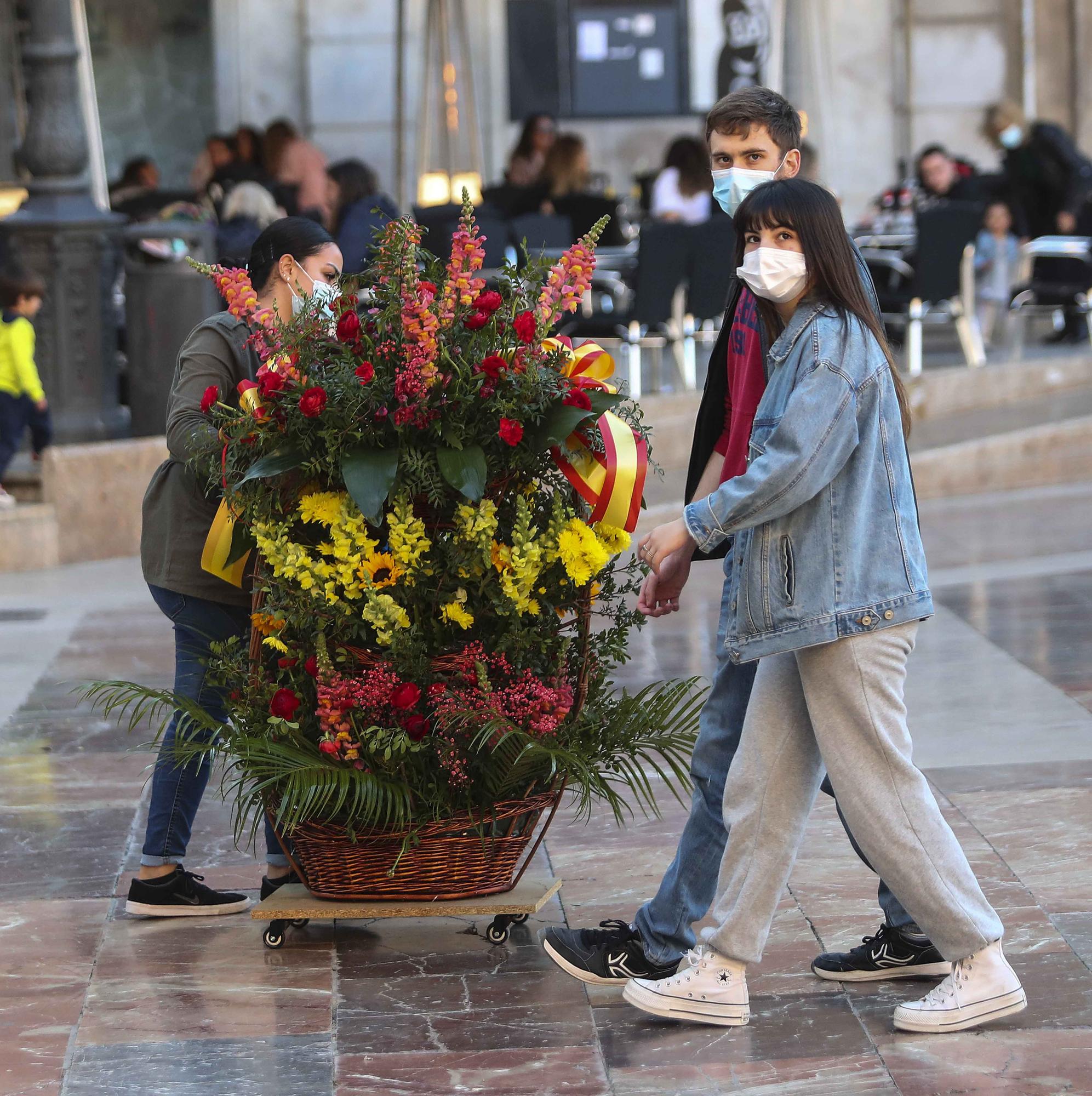 Flores de los falleros a la Virgen en el primer día de la "no ofrenda"