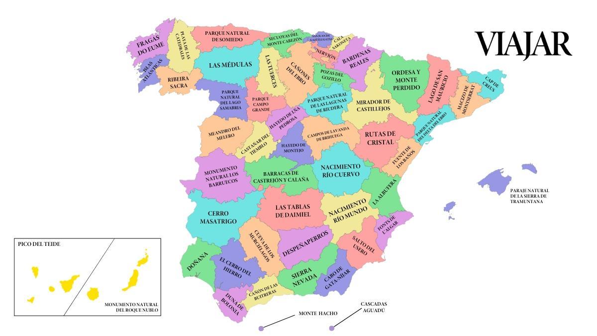 Un mapa que muestra todas las joyas naturales de España.