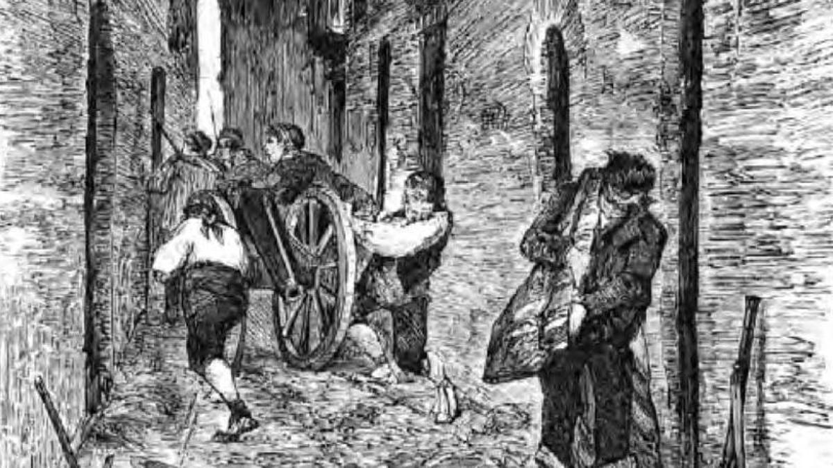 Grabado de Doméc y Rico de una barricada en Zaragoza. Hemeroteca Digital de la Biblioteca Nacional de España.