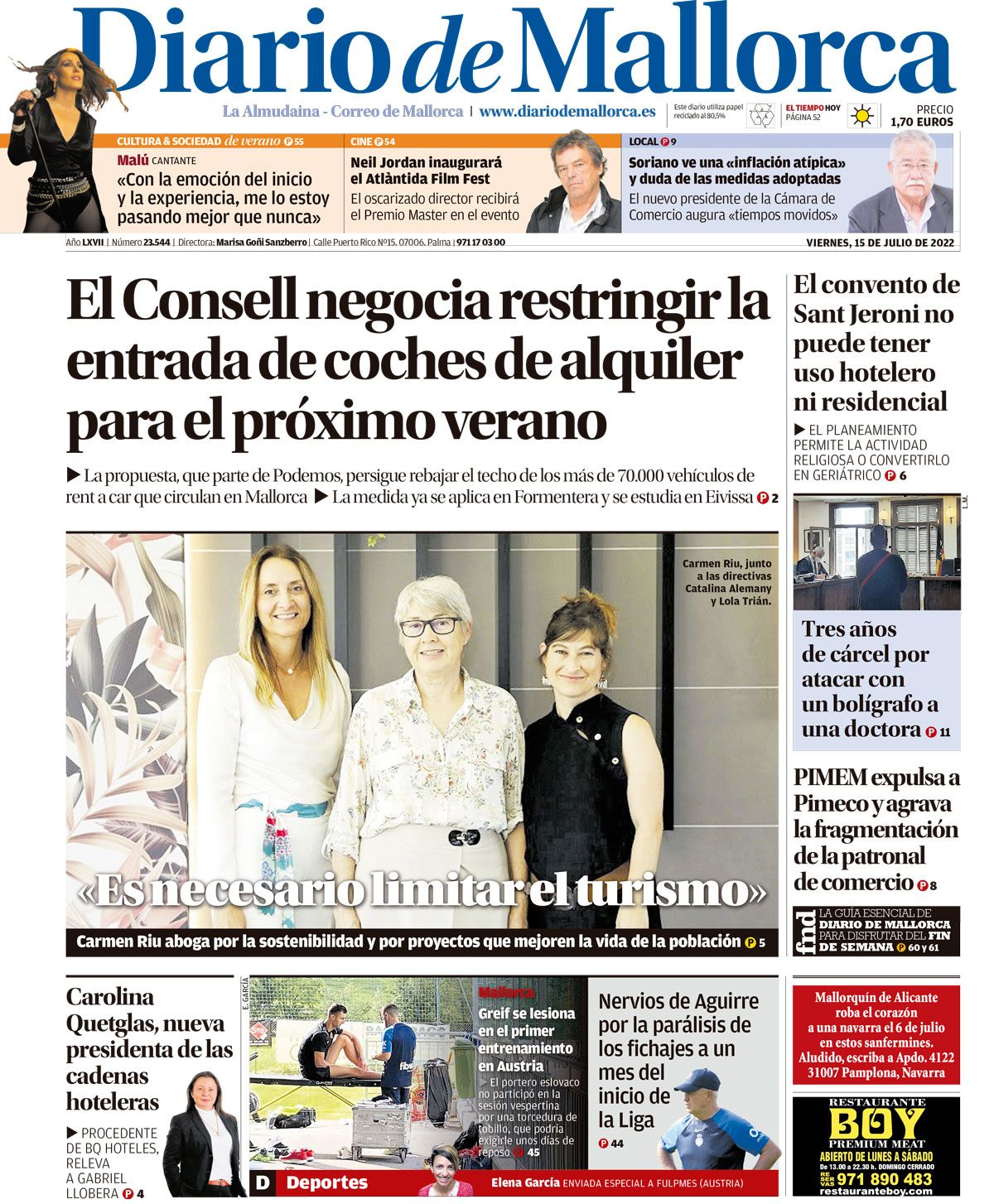 Portada del Diario de Mallorca del viernes 15 de julio de 2022