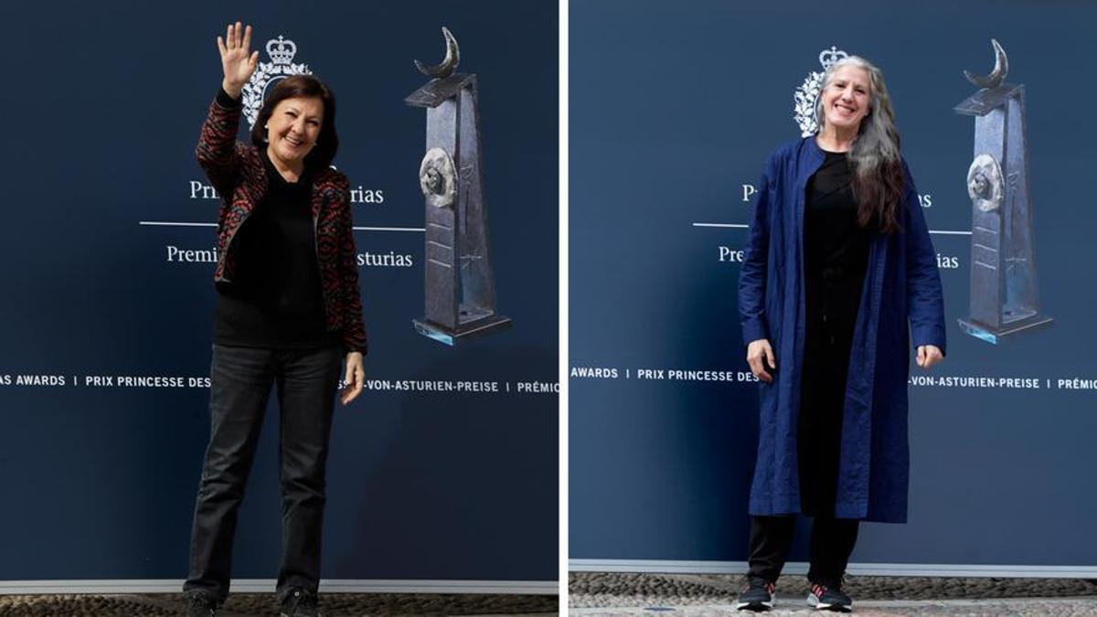 Las gaitas "inspiran" y "emocionan" a María Pagés y Carmen Linares a su llegada a Oviedo.