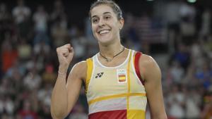 Carolina Marín celebra su victoria en los cuartos de final.