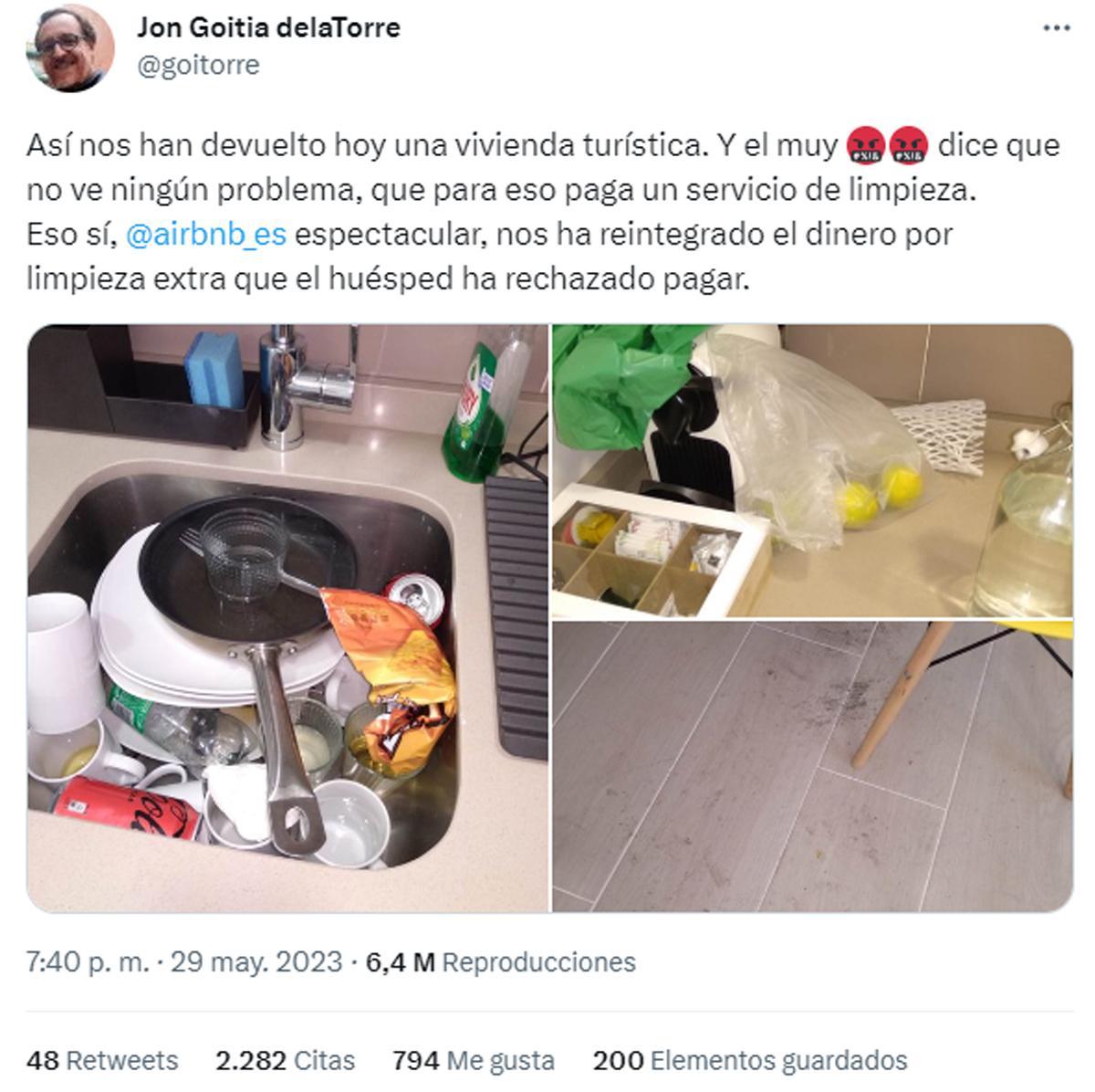 Tuit denunciando la 'suciedad' de unos inquilinos de Airbnb