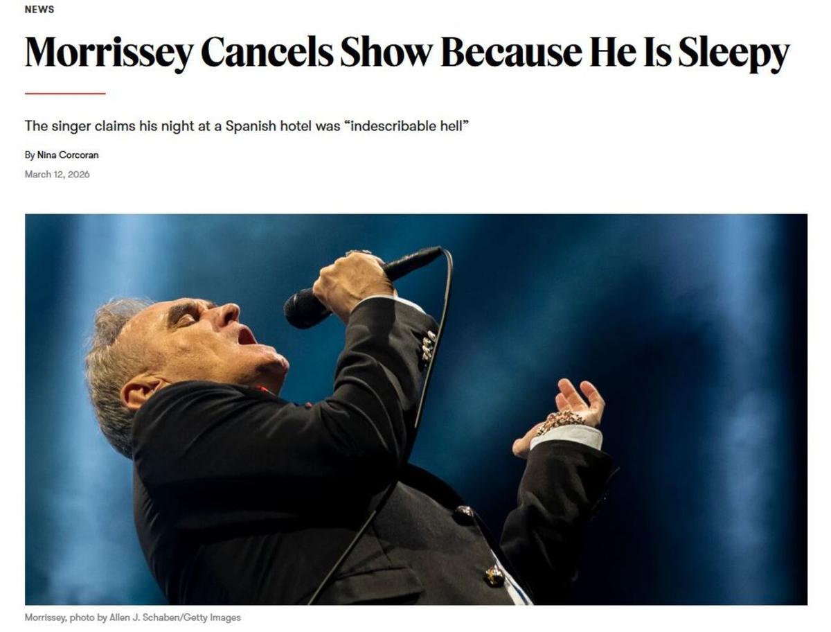 Noticia de la publicación especializada Pitchfork sobre la cancelación del concierto de Morrissey en València.