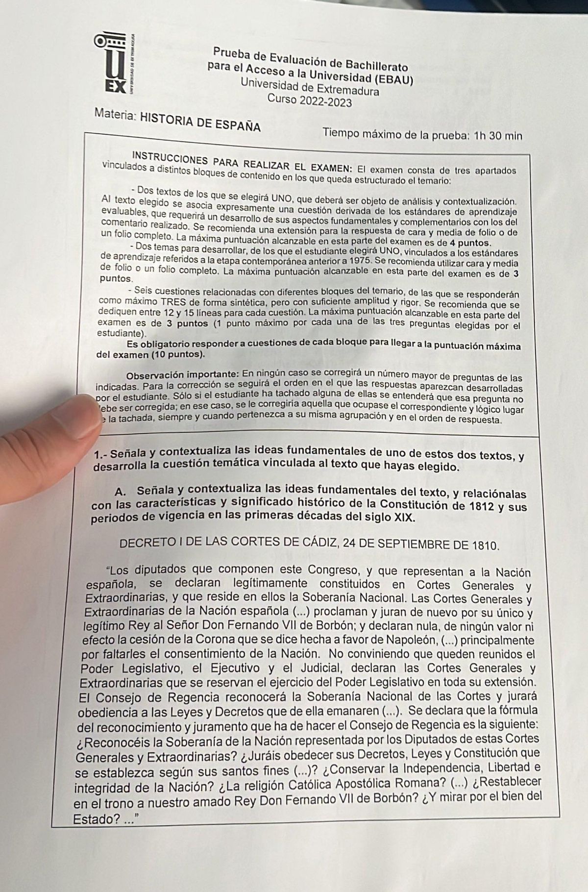 Examen de Historia de España de la EBAU 2023 en Extremadura.