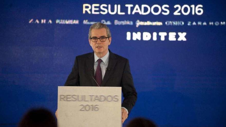 El presidente de Inditex, Pablo Isla, en la presentación de los resultados de 2016, en marzo.