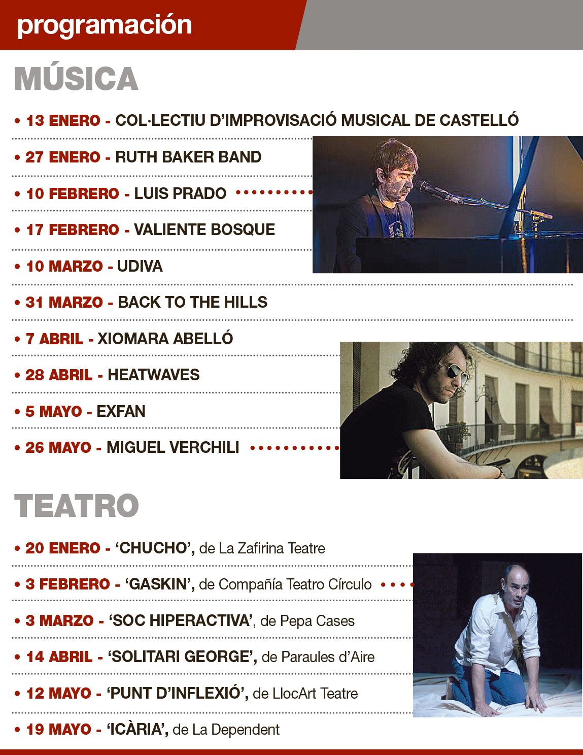 Nueva programación cultural en el Teatre del Raval de conciertos y obras de teatro durante el primer semestre.