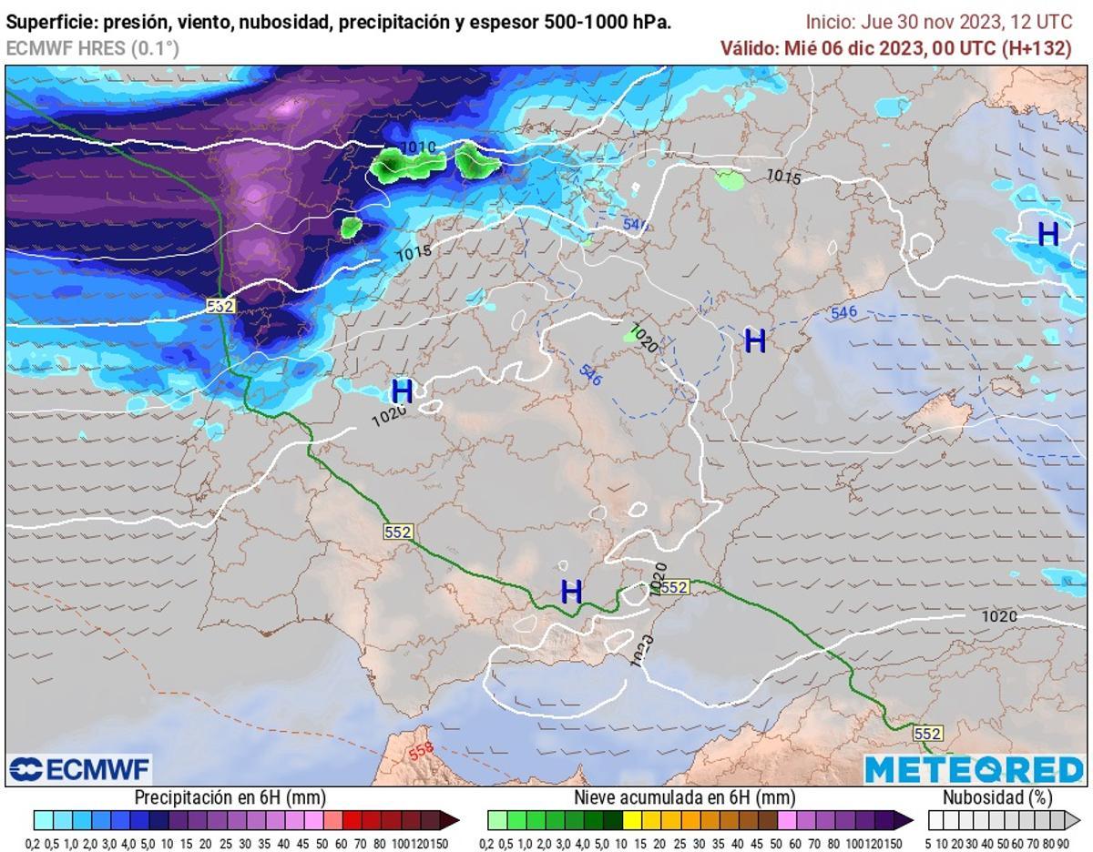 El mapa muestra las importantes cantidades de lluvia que se esperan acumular para el miércoles