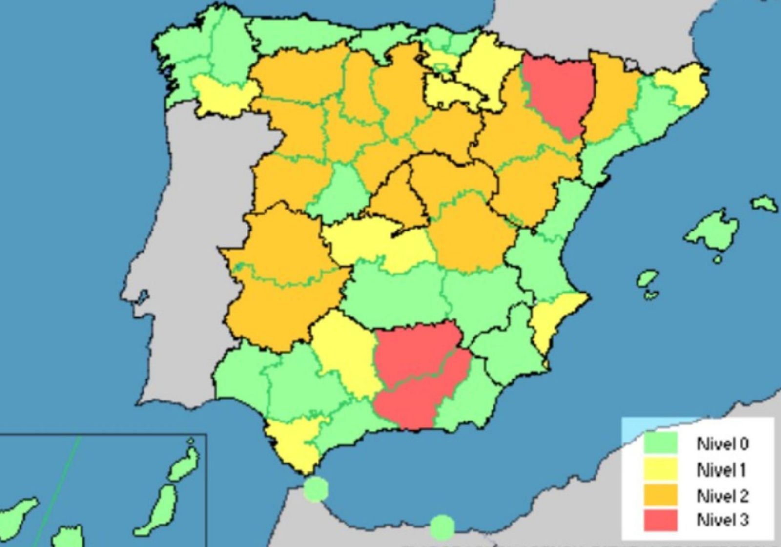 Mapa de asignaciones de niveles de las provincias españolas. | Aemet