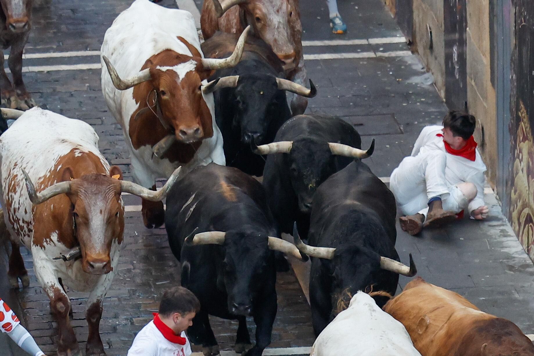 PAMPLONA, 13/07/2025.- Uno de los mozos cae al paso de los toros de la ganadería gaditana de La Palmosilla durante el séptimo encierro de los Sanfermines 2025 este domingo en Pamplona. EFE/Villar López
