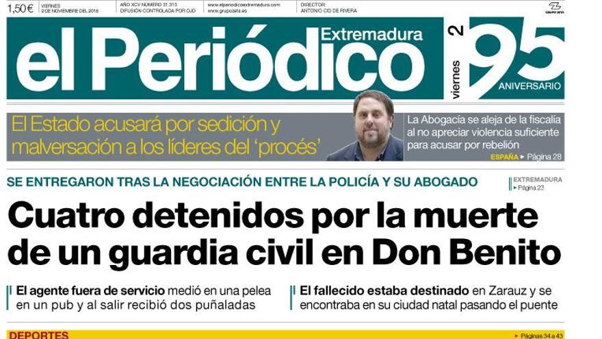 Esta es la portada de EL PERIÓDICO EXTREMADURA correspondiente al día 2 de noviembre del 2018