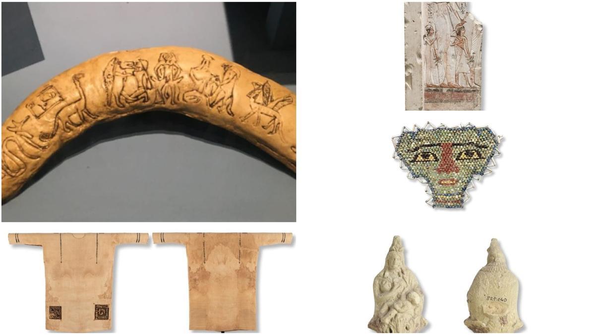 A la izquierda, arriba, el marfil mágico; abajo, una joven egipcia en una jamba. A la derecha, arriba, la Diosa Isis con Horus; en el centro, una máscara funeraria, y abajo, una túnica.