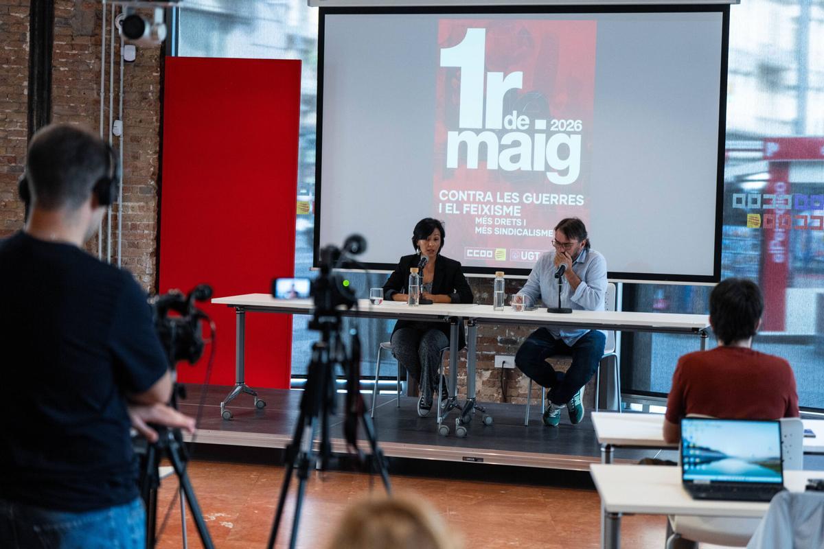 Rueda de prensa previa a las movilizaciones del 1 de mayo, con Camil Ros, secretario general de UGT Catalunya, y Bélen López, CCOO.