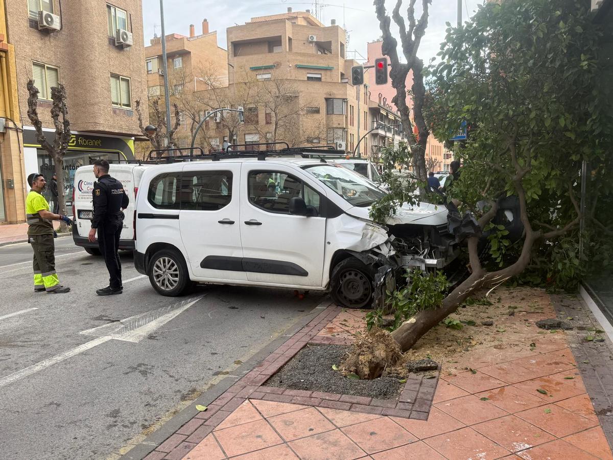Furgoneta estrellada contra el árbol en la calle San Antón de Murcia.