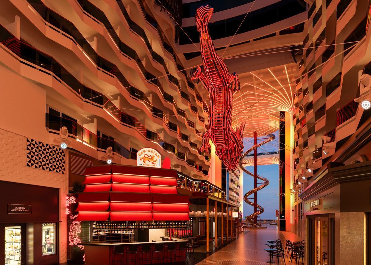 El dragón que preside la World Promenade, con el tobogán en espiral al fondo.